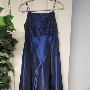 Chic Blue Satin Gown with Floral Velvet Embroidery With Lace Up Back